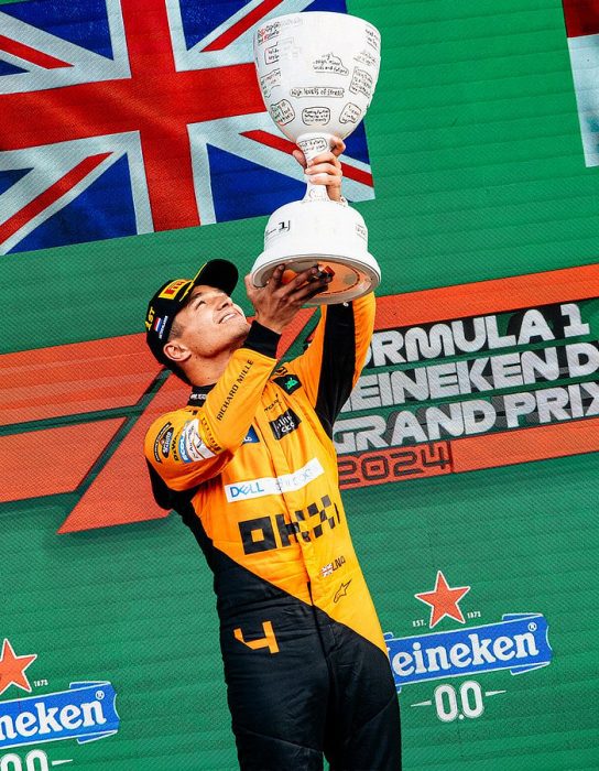 2024 Dutch Grand Prix - Lando Norris holds aloft the winners tophy
